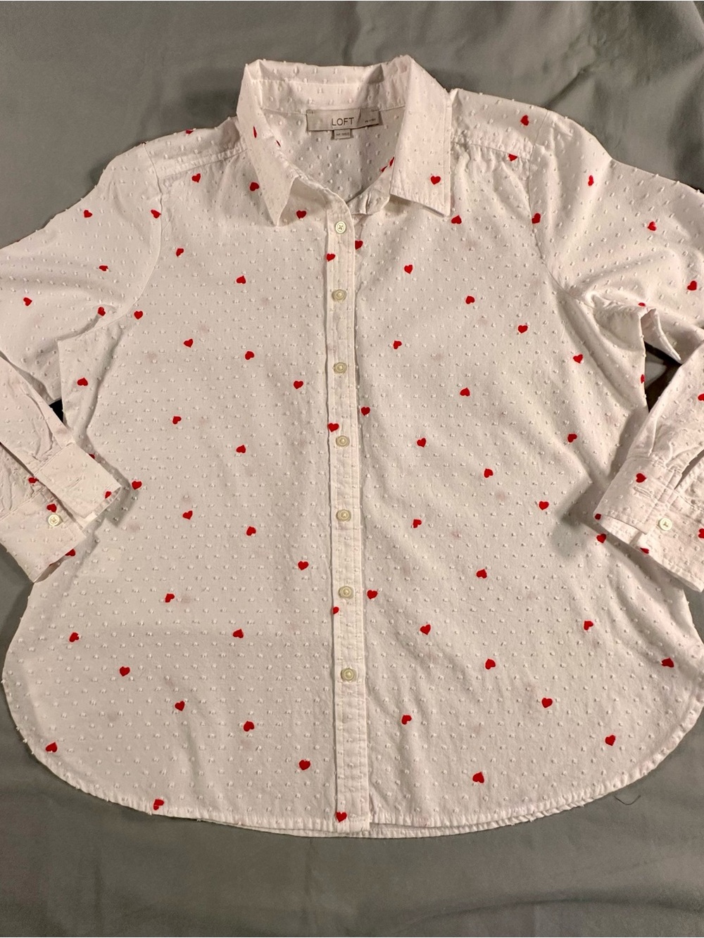 LOFT White Blouse with Small Red Heart Pattern